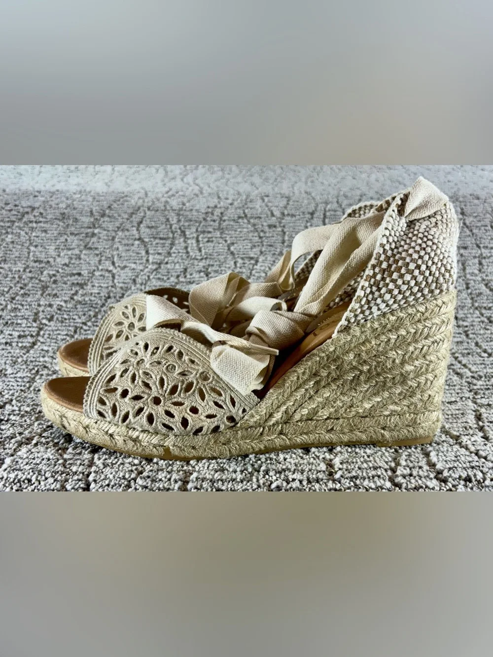 NEW Maypol Women’s Size 10 Beige Lace-Up Crochet Espadrille Wedge Sandals